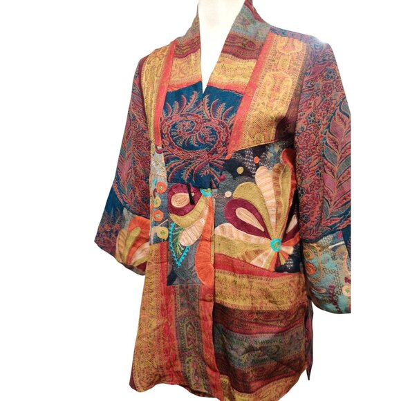 Soft Surroundings M Jacket Boho Floral Patchwork Embroidered Wool Silk Kimono - Picture 15 of 16